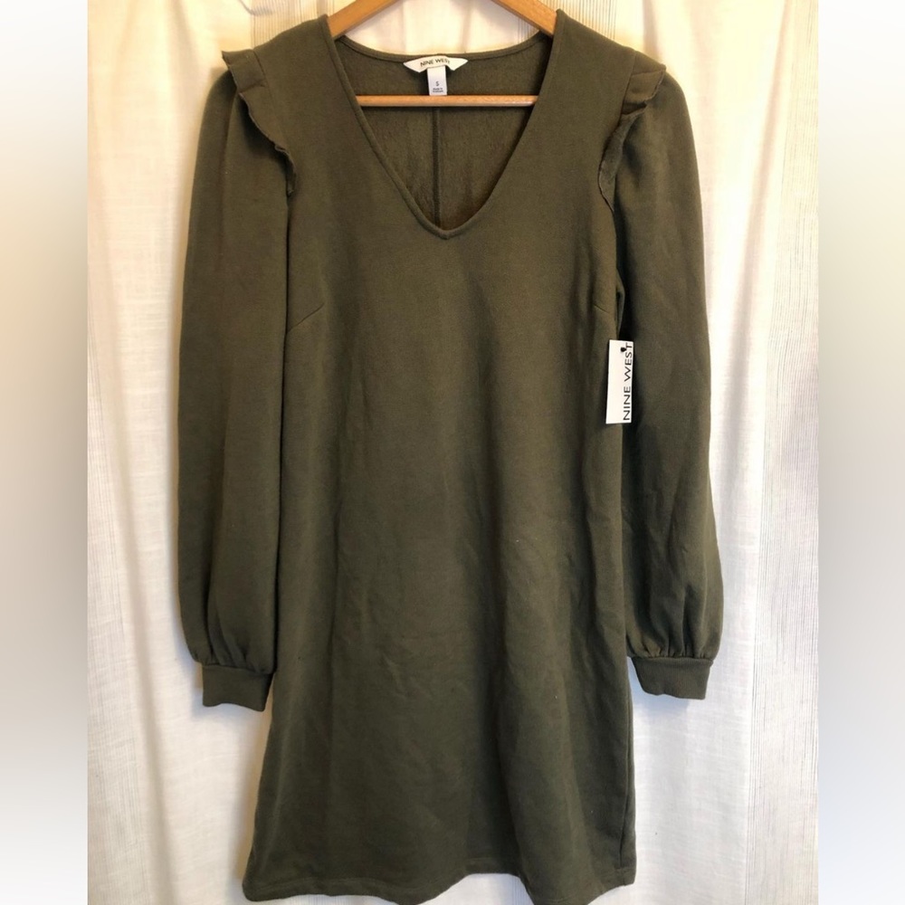 nine west NWT olive green t-shirt dress with ruffled shoulders